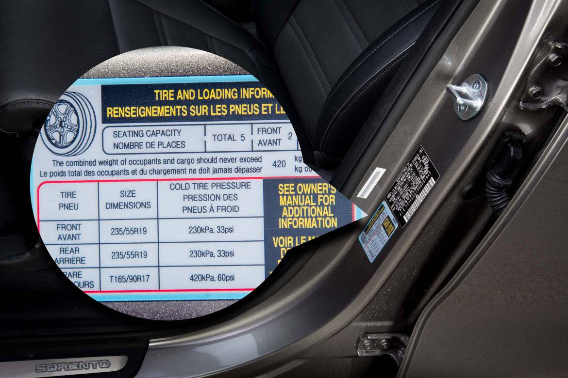 Recommended tire size and pressure sticker on a Kia Sorento